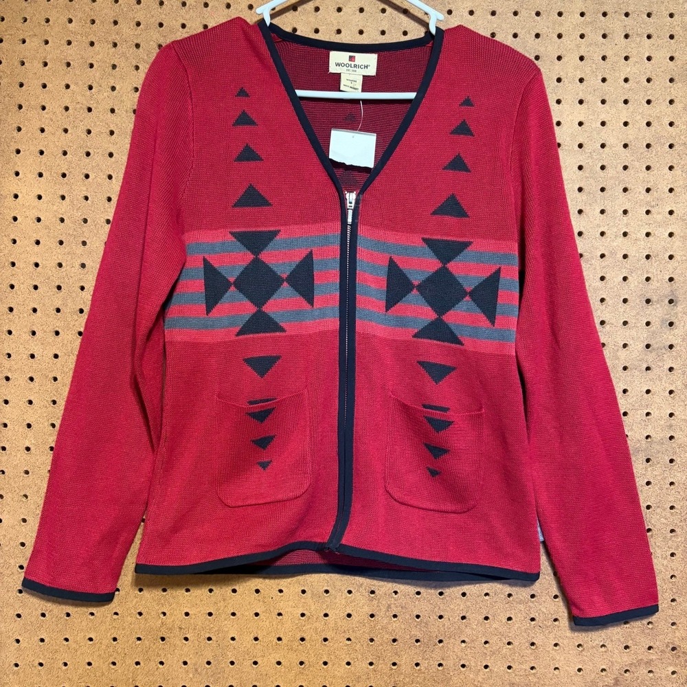 Woolrich  Ruby Red Southwestern Geometric Full Zip Cardigan Sweater Small NWT